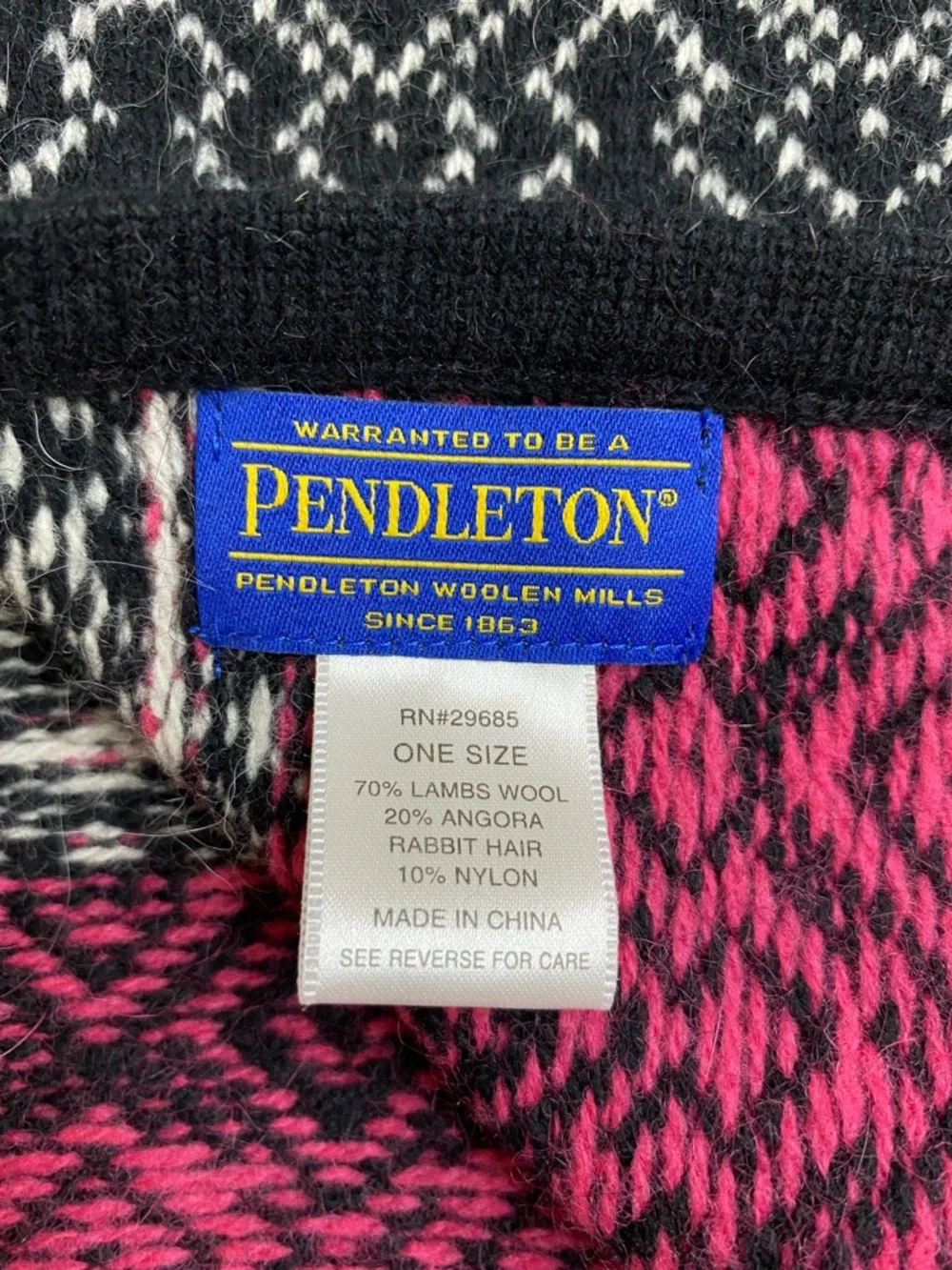 Pendleton Wool Angora Scarf Black Pink Fair Isle Nordic Winter Cozy 70”X 11”